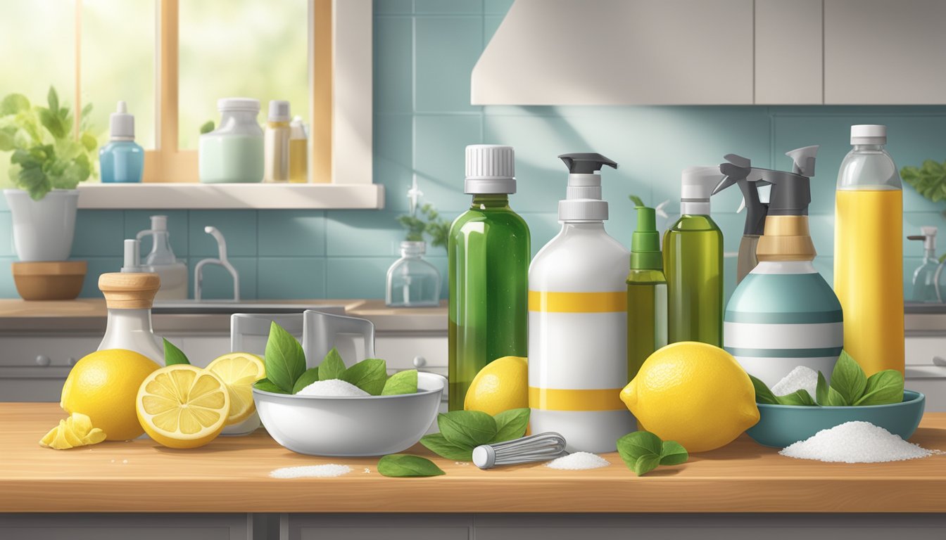 A kitchen counter with various natural ingredients such as vinegar, baking soda, lemon, and essential oils arranged next to cleaning supplies and utensils