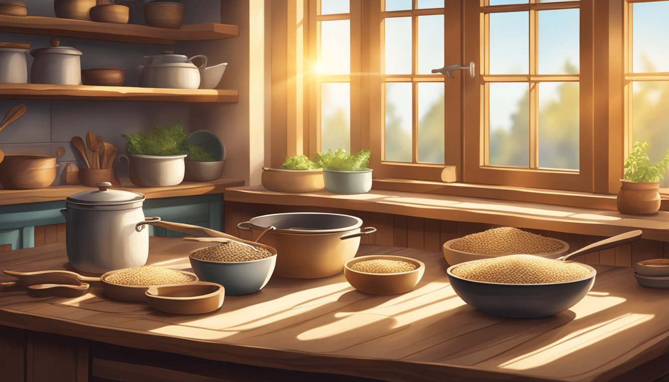 A rustic kitchen with an array of ancient grains and cooking utensils on a wooden countertop. Sunlight streams through a window, casting warm shadows