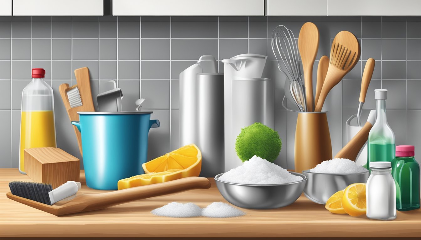 A variety of kitchen materials (stainless steel, wood, tile) with homemade cleaning solutions (vinegar, baking soda) and cleaning tools (brush, sponge)