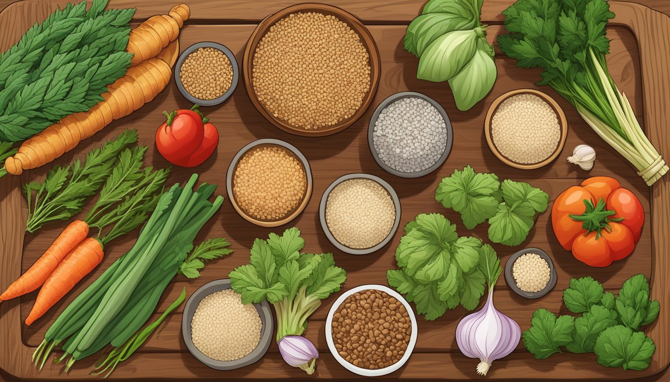 A variety of ancient grains, such as quinoa, farro, and amaranth, are spread out on a wooden cutting board next to a selection of fresh vegetables and herbs, ready to be cooked into a delicious and healthy meal