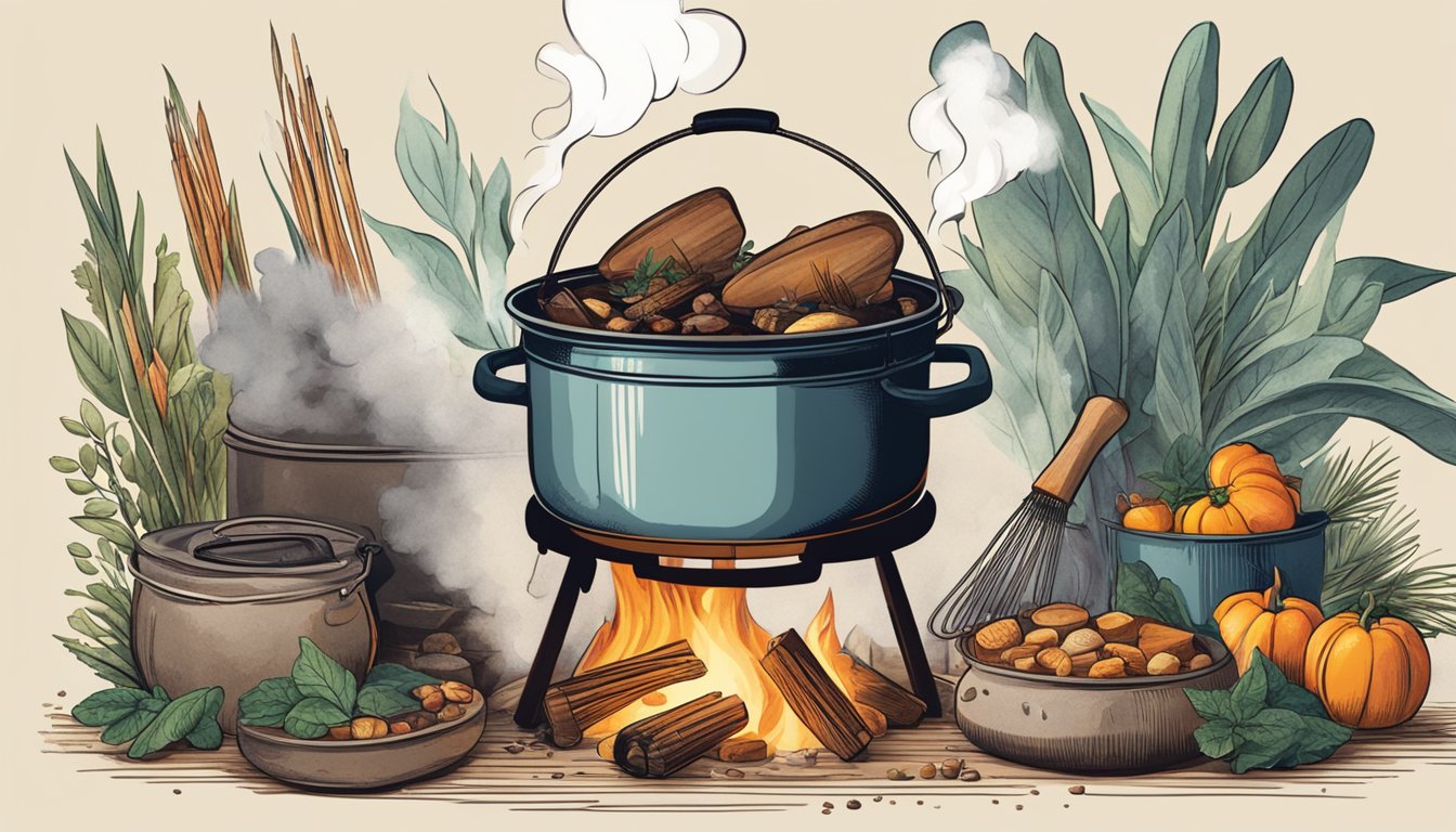 A dutch oven sits atop a glowing campfire, surrounded by various ingredients and utensils. Steam rises from the pot as a rich aroma fills the air