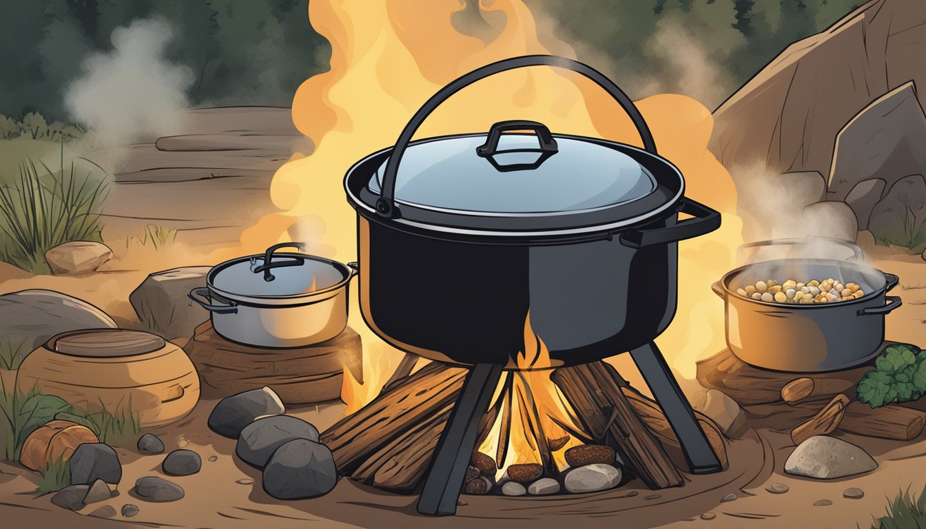 A dutch oven sits on a campfire, steam rising from the lid as a variety of foods cook inside, showcasing its versatility for outdoor cooking