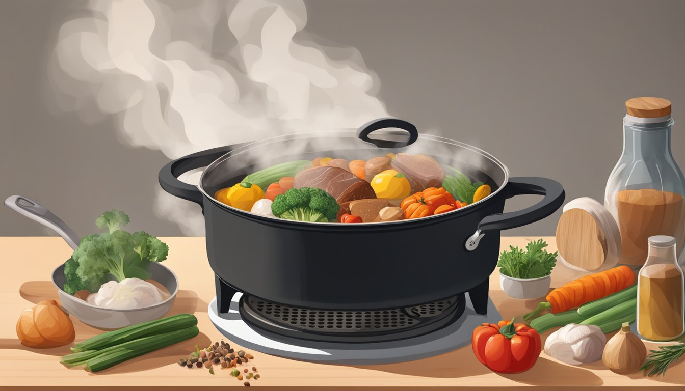 A dutch oven sits on a stovetop, steam rising from its open lid. Various ingredients surround it, including vegetables, meats, and spices