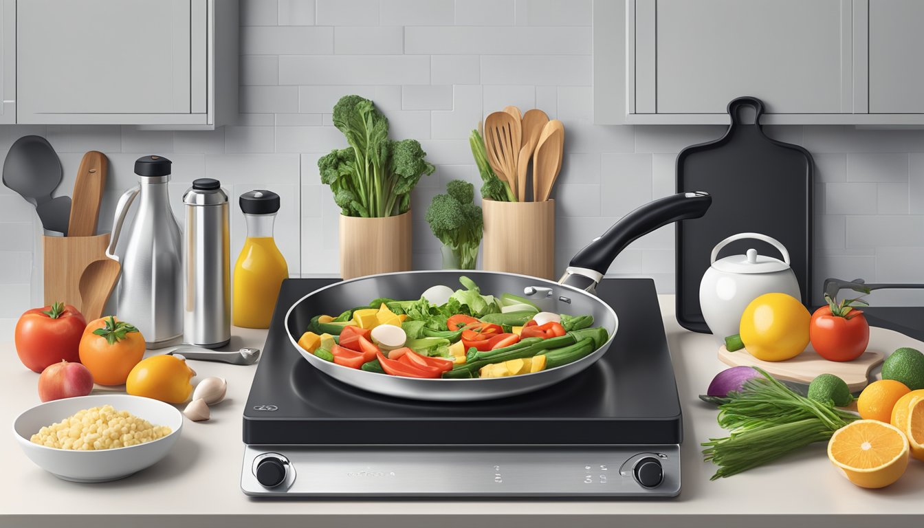 A colorful array of fresh ingredients and cooking utensils laid out next to a sleek electric griddle on a clean kitchen counter