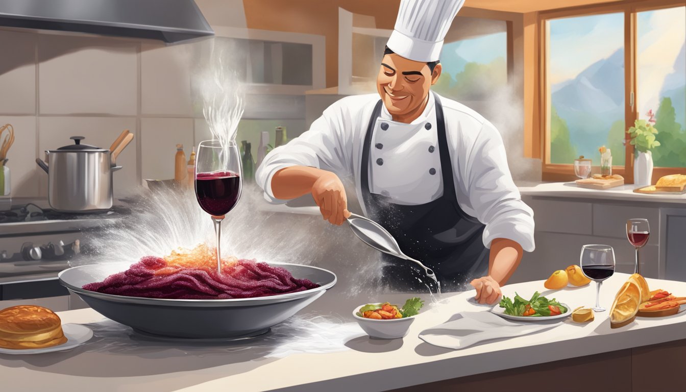 A spilled glass of red wine being mopped up with a cloth, while a chef adds a splash of wine to a sizzling pan of food