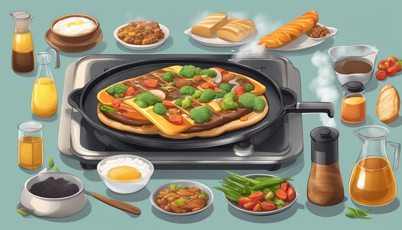 A sizzling electric griddle surrounded by a variety of ingredients and utensils, with steam rising and a delicious aroma filling the air