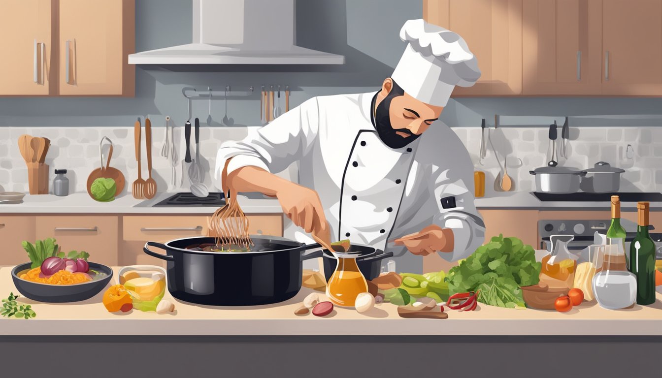 A chef pouring leftover wine into a pot of simmering sauce, with various cooking utensils and ingredients scattered on the kitchen counter