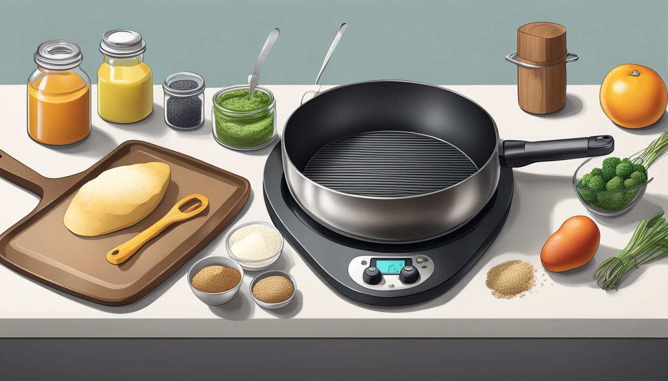 A spread of various kitchen tools and ingredients arranged around an electric griddle on a countertop