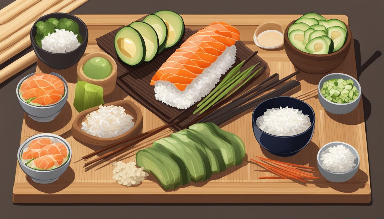 A wooden sushi rolling mat surrounded by bowls of rice, vinegar, and ingredients like cucumber, avocado, and raw fish