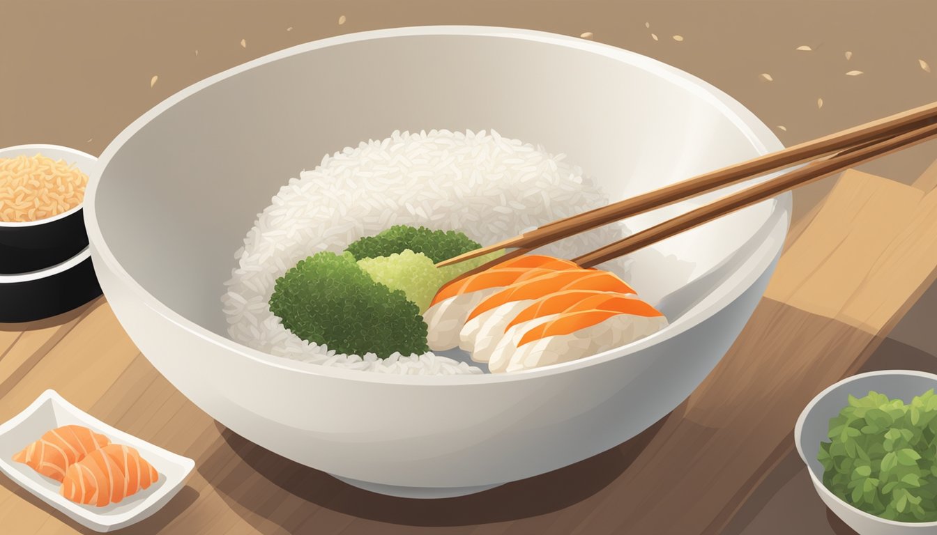 A wooden sushi rice paddle mixing rice vinegar into a bowl of freshly cooked sushi rice