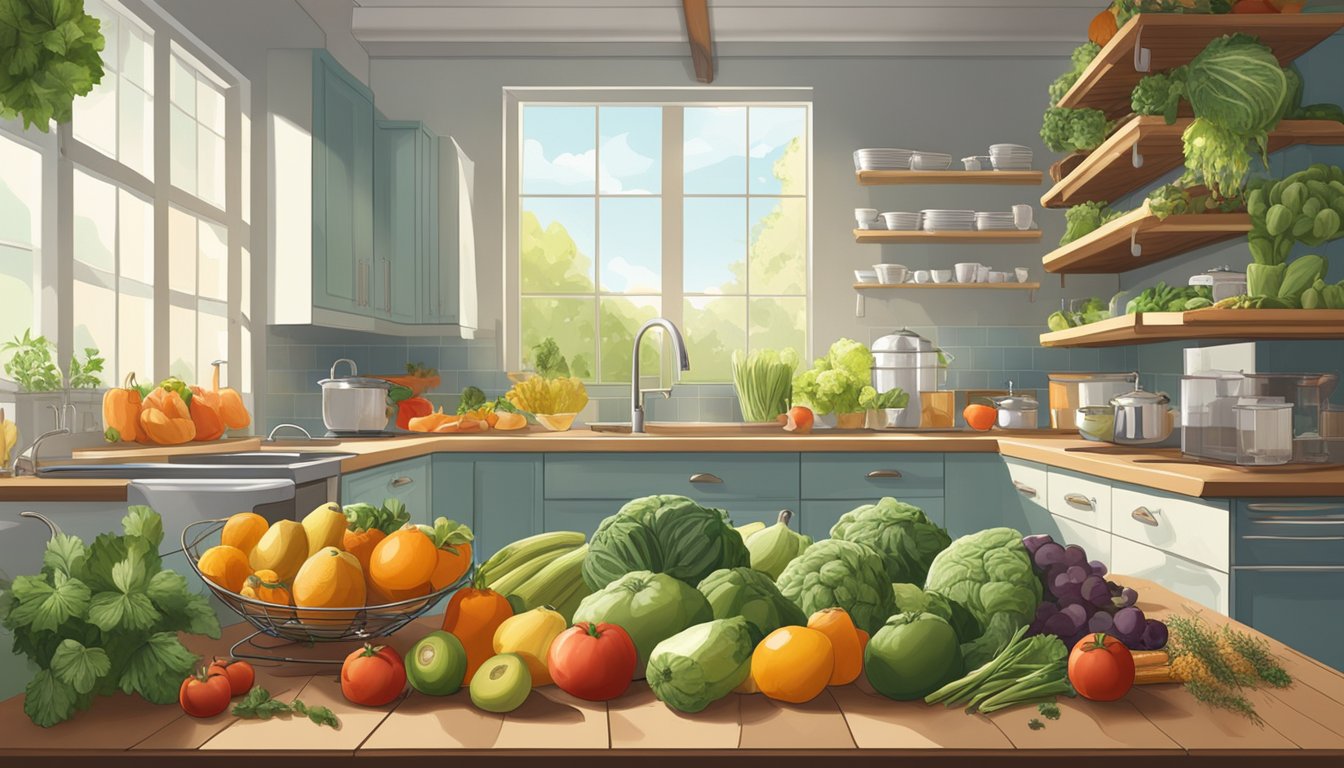 Fresh fruits and vegetables laid out on a wire rack in a sunny kitchen, surrounded by bowls of herbs and spices. A fan blows gently nearby to aid in the dehydration process