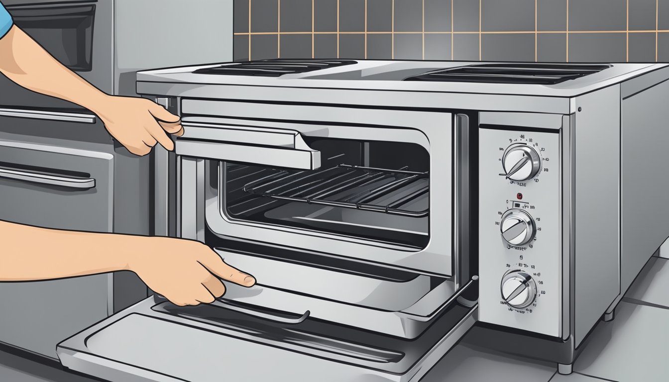 A hand reaching to adjust the temperature dial on a convection oven, while another hand places a baking tray inside. The oven is clean and well-maintained, with a timer set on the control panel