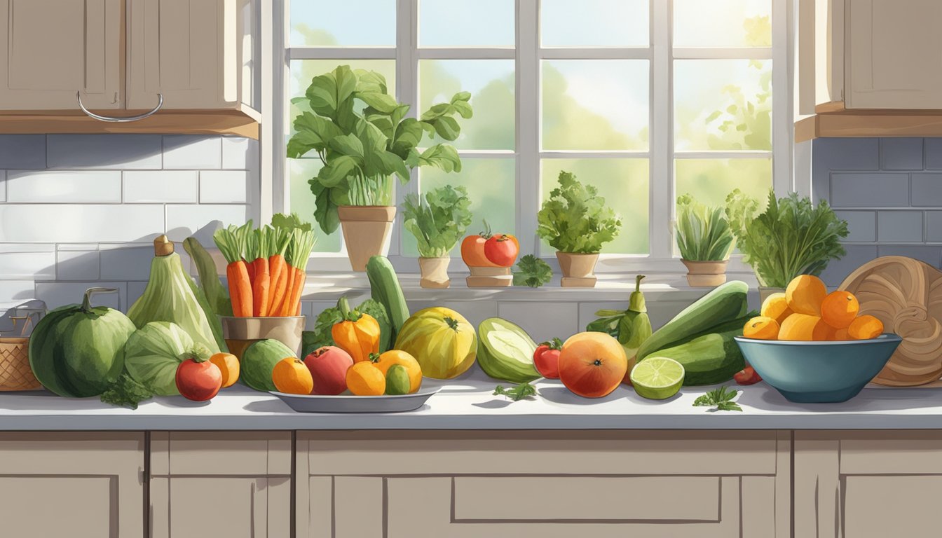 Fresh fruits and vegetables laid out on a wire rack in a sunny kitchen, surrounded by bowls of herbs and spices. A window lets in natural light, and a fan circulates the air