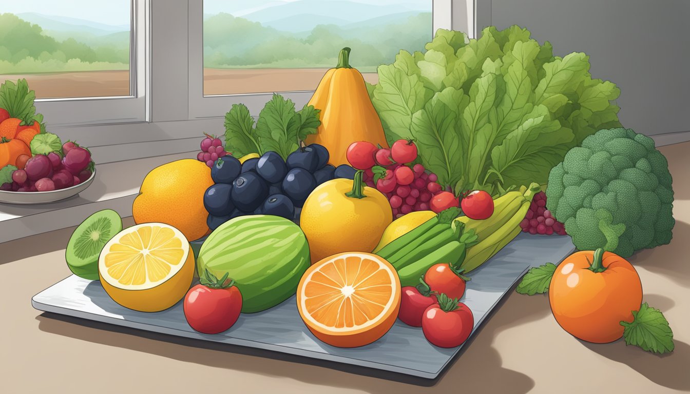 Fresh fruits and vegetables laid out on a clean, dry surface. A fan blowing gently in the background to aid in the dehydration process