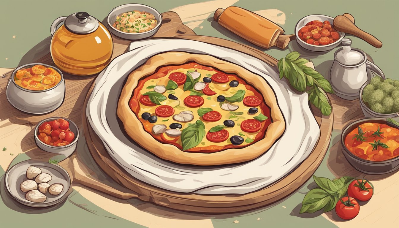 A pizza stone surrounded by various types of pizza ingredients, with a chef's hat and apron nearby