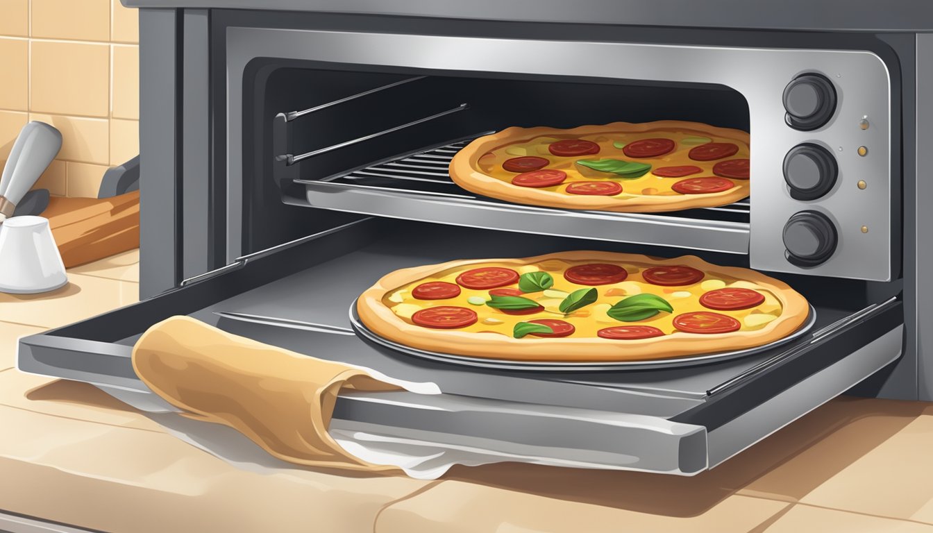 A pizza stone placed in an oven, surrounded by baking utensils and a clean kitchen towel