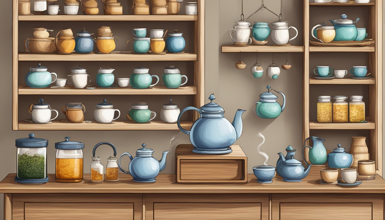 A tea station with a kettle, teapot, cups, and a variety of loose-leaf teas displayed on a wooden tray, set against a backdrop of shelves with jars of tea leaves and a cozy atmosphere