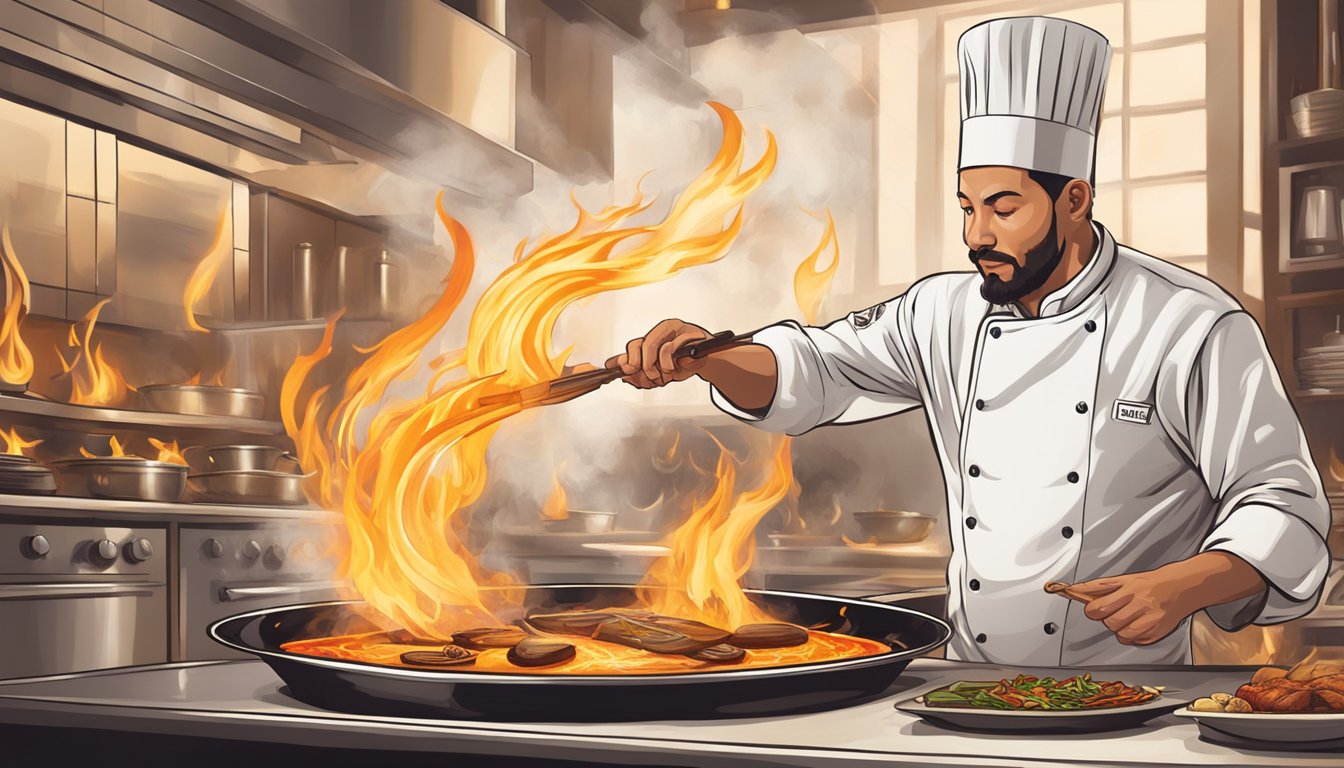 A chef expertly flambéing a dish, flames dancing as they skillfully ignite the alcohol, creating a mesmerizing display of culinary artistry