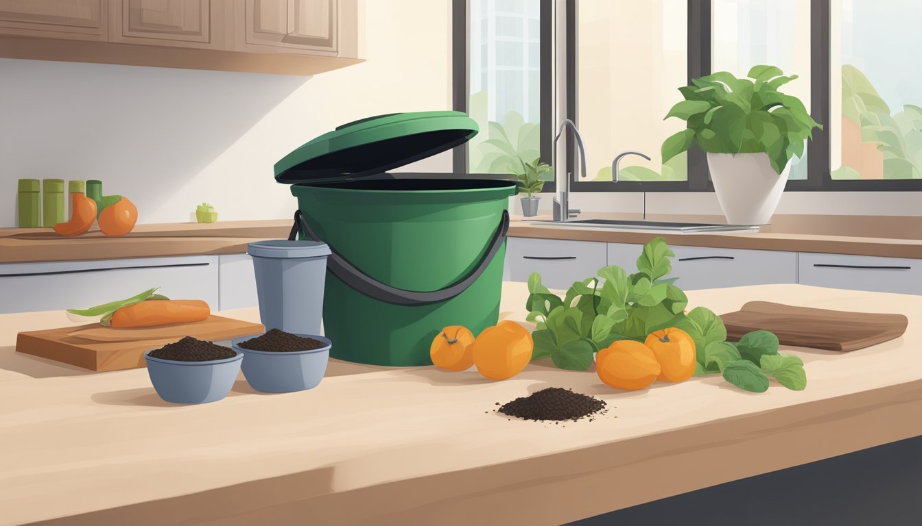 A kitchen counter with a small compost bin, food scraps, and a bag of composting material. A potted plant sits nearby