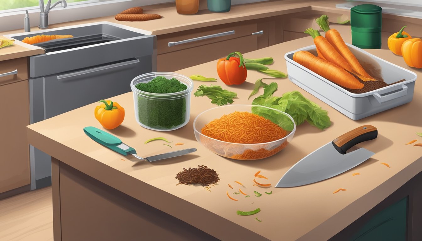 A kitchen countertop with a composting bin, food scraps, and a small container of worms. A cutting board with vegetable peelings and a knife nearby