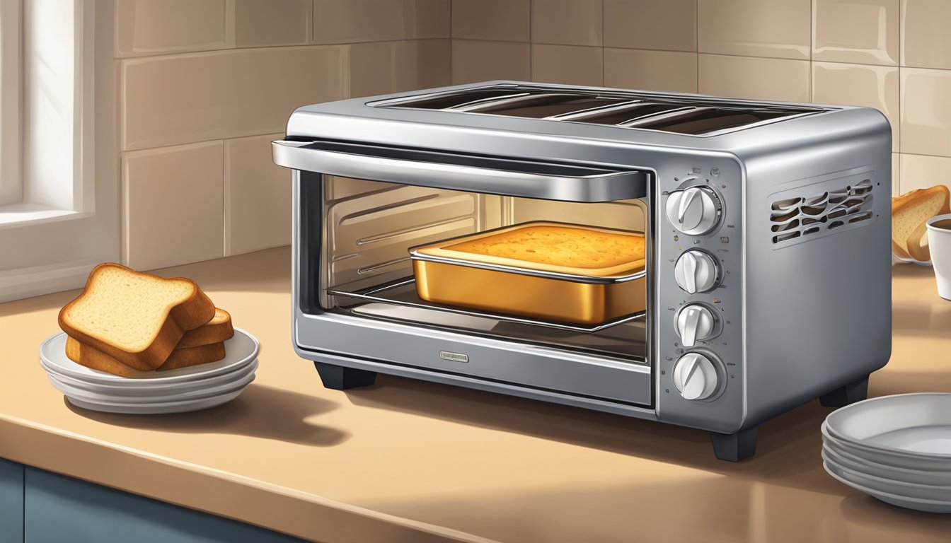 A toaster oven sits on a kitchen counter, with a tray of golden brown toast popping out and steam rising from a freshly baked casserole inside