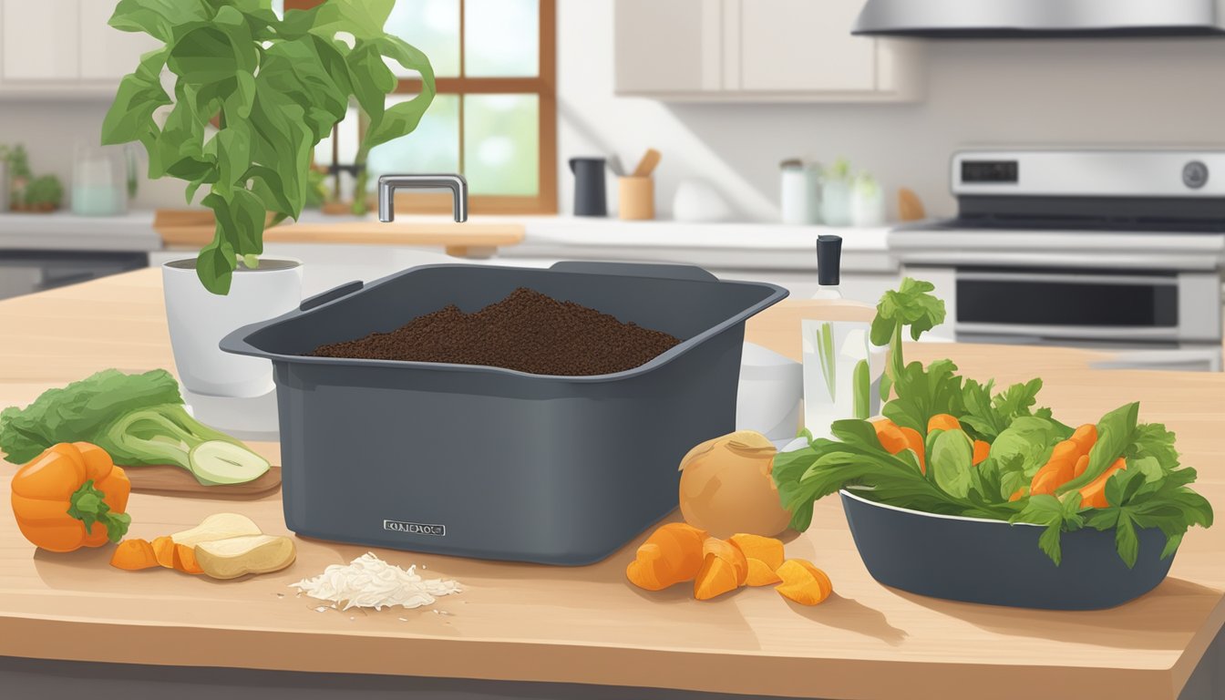 A kitchen countertop with a small compost bin filled with food scraps, a cutting board with vegetable peelings, and a potted plant thriving from the nutrient-rich compost