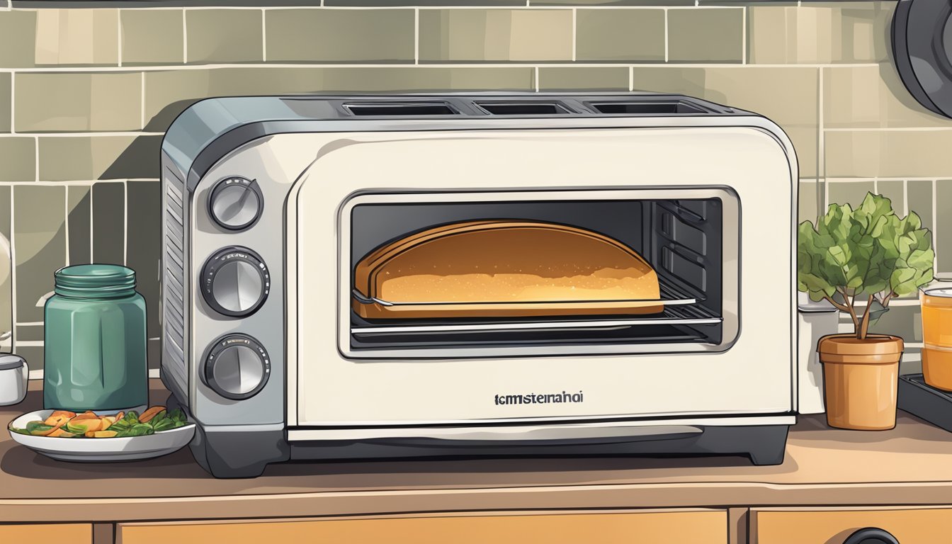 A toaster oven with a tray of food inside, set to preheat at the recommended temperature