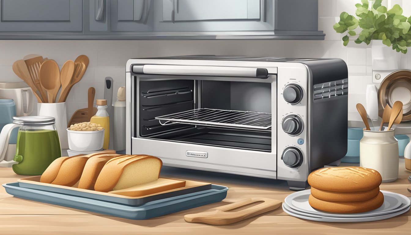 A toaster oven surrounded by various kitchen accessories like baking trays, oven mitts, and utensils, with ingredients and recipe books nearby