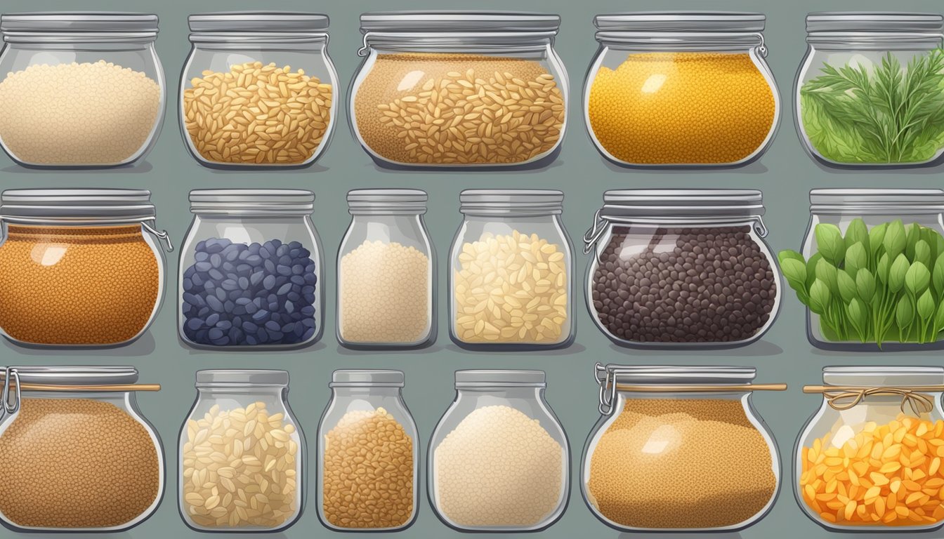 A variety of whole grains (quinoa, brown rice, barley) in glass jars with colorful labels, surrounded by fresh herbs, vegetables, and cooking utensils