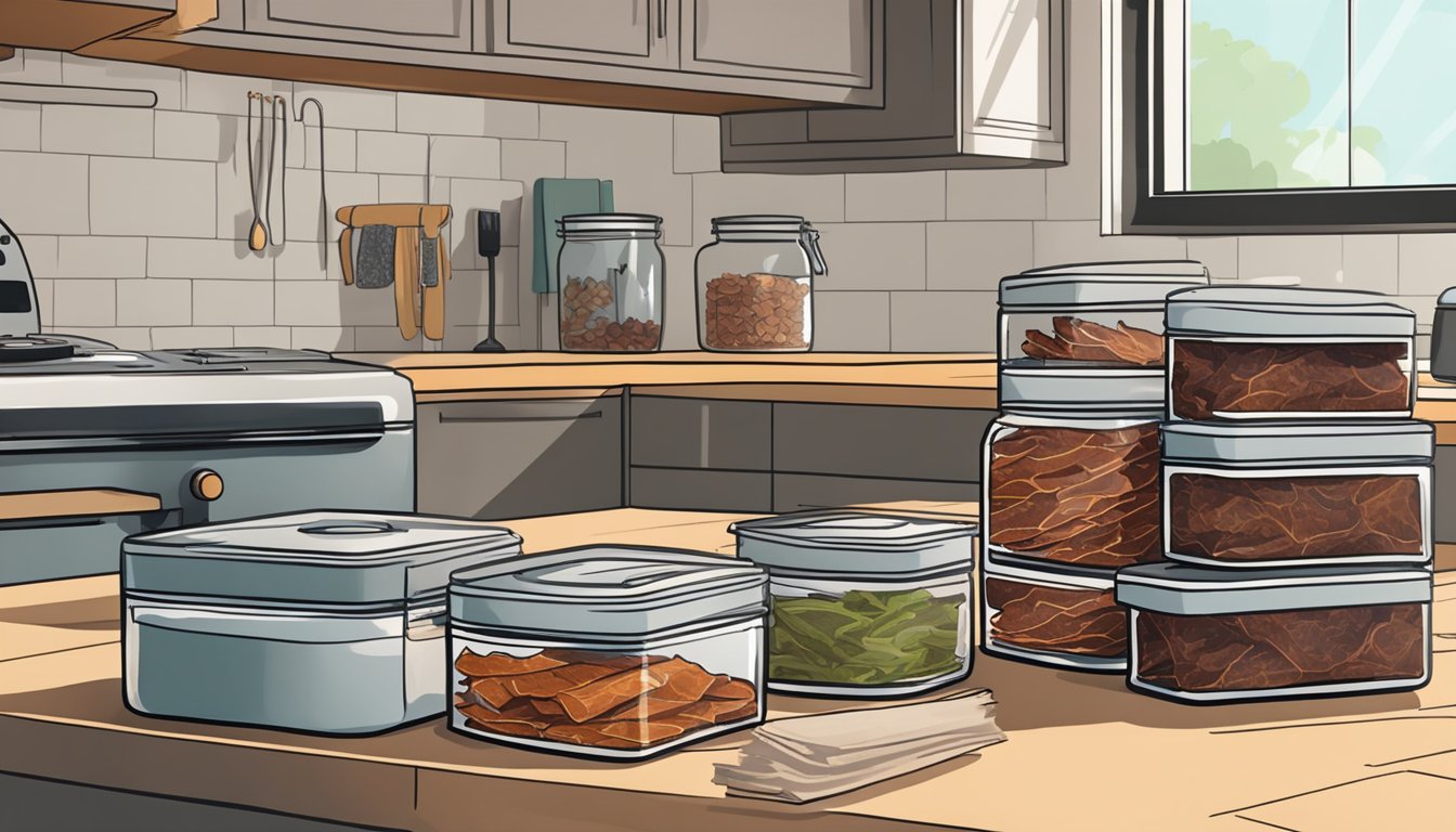 A dehydrator sits on a kitchen counter, filled with strips of homemade jerky. A stack of sealed jars waits nearby for storage