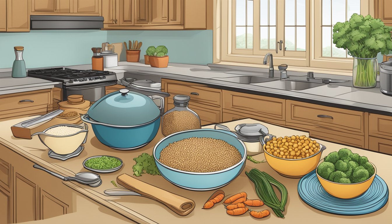 A kitchen counter with a variety of whole grains, fresh vegetables, and cooking utensils. A cookbook open to a recipe for a nutritious whole grain meal