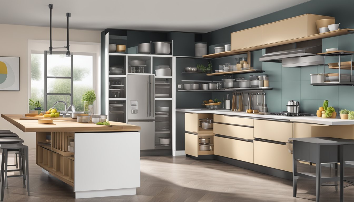 A modern kitchen with adjustable countertops, pull-out shelves, and accessible storage for utensils and cookware