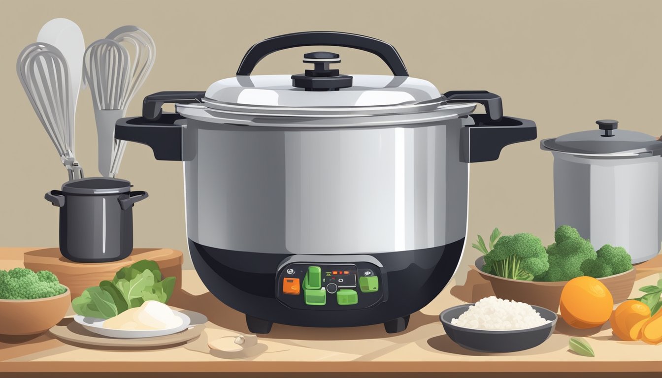 A pressure cooker on a stovetop, with steam escaping from the valve and ingredients inside, surrounded by various kitchen utensils and a safety manual