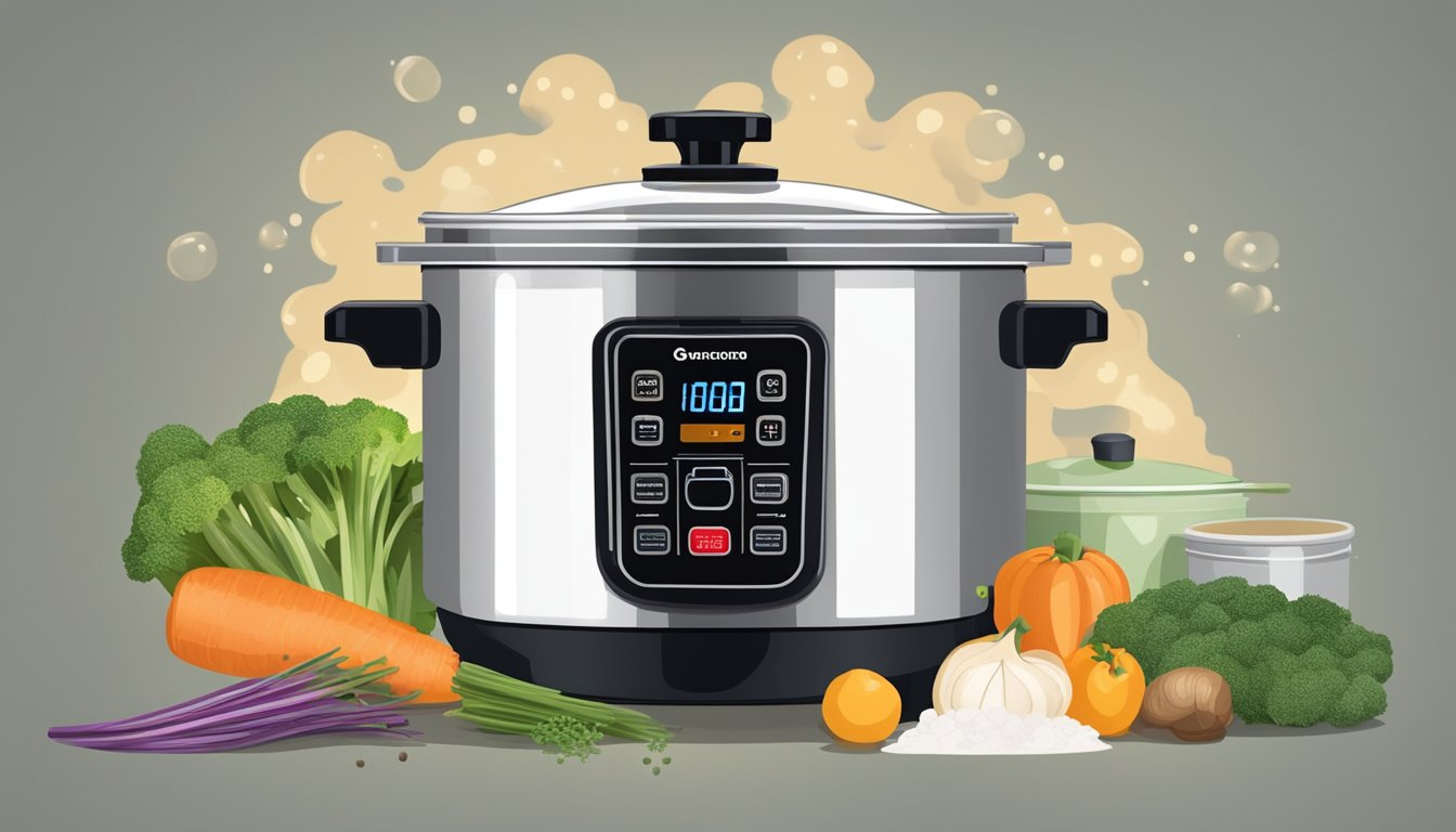 A pressure cooker on a stovetop with steam escaping from the valve, surrounded by various ingredients and a timer