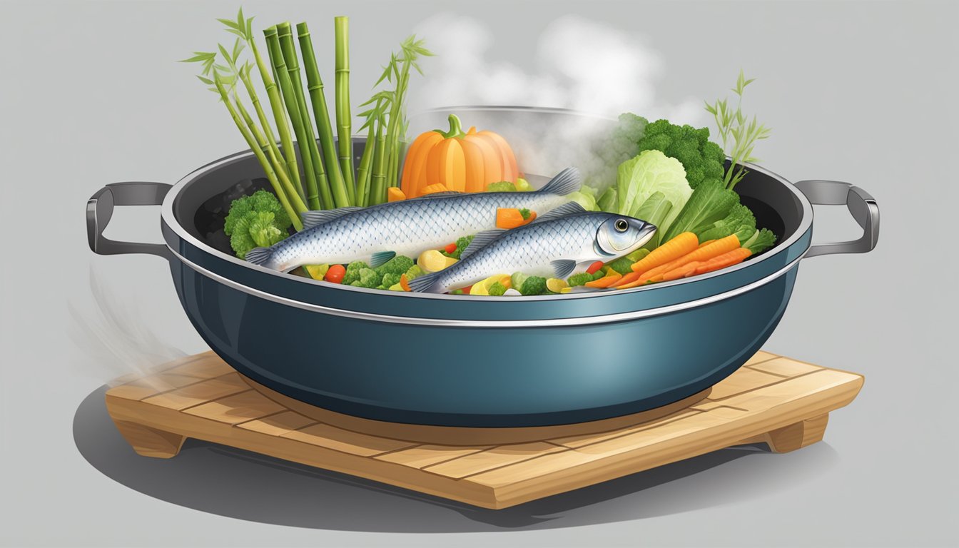 A bamboo steamer sits atop a pot, steam rising, with vegetables and fish inside