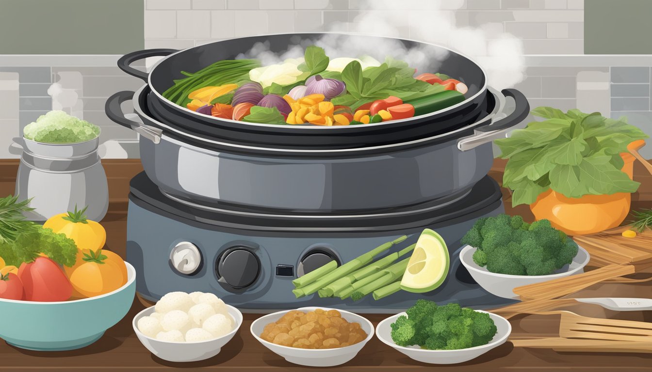 A bamboo steamer filled with colorful, steaming dishes sits atop a stove, surrounded by fresh ingredients and cooking utensils