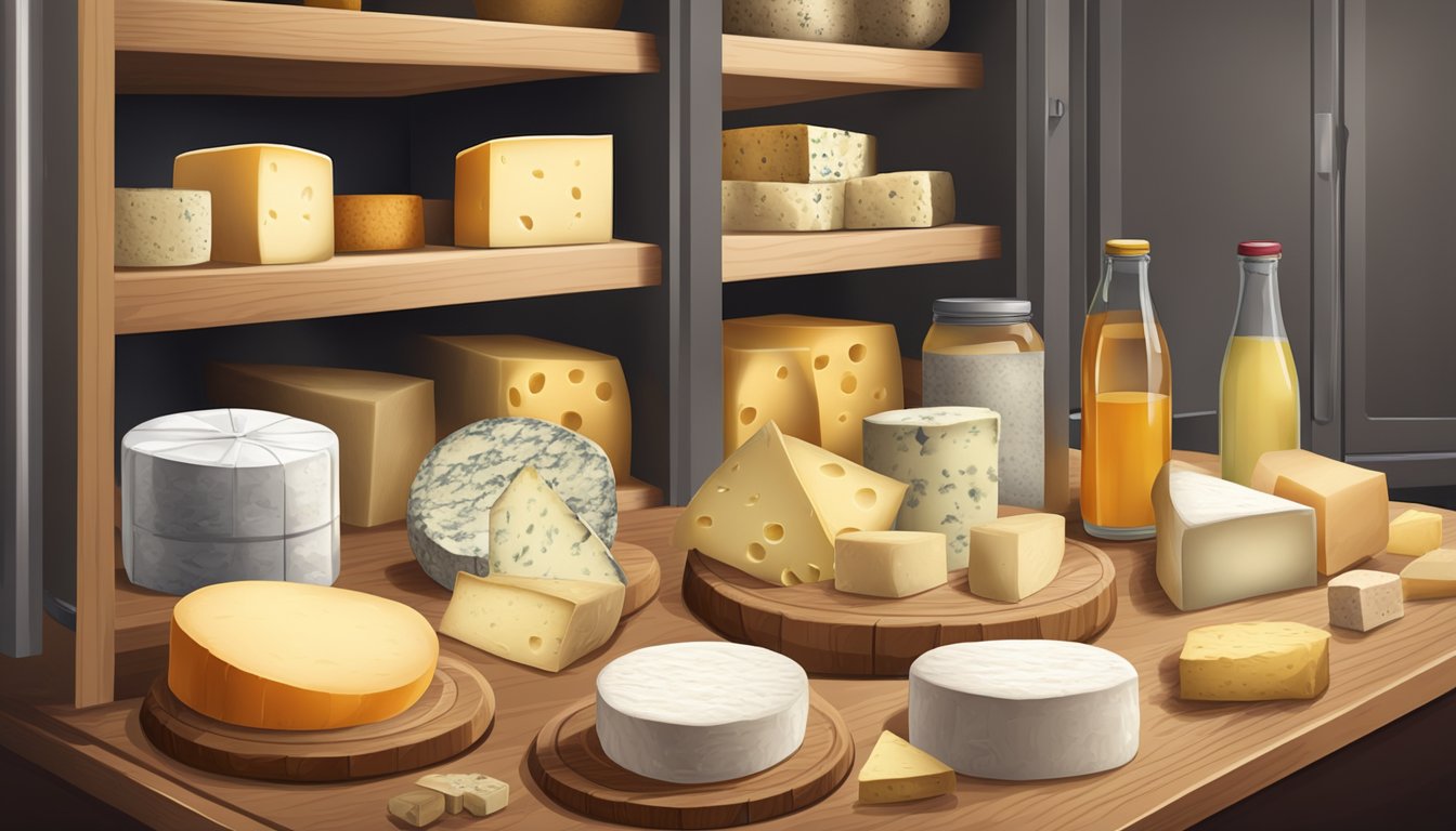 A variety of cheeses displayed on a wooden board, some wrapped in paper, others in containers. A refrigerator in the background