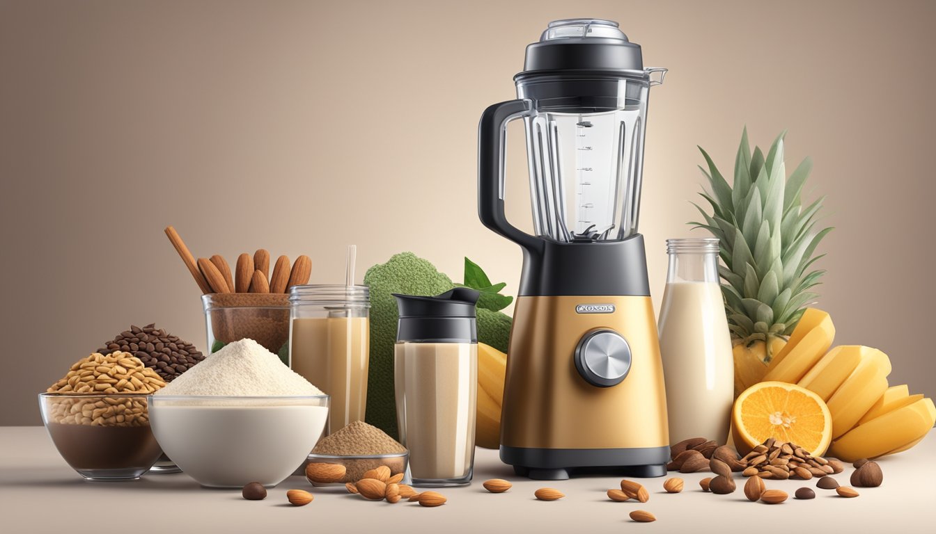 A blender surrounded by various non-dairy milk ingredients like nuts, seeds, and sweeteners, with flavorings such as vanilla and cocoa powder nearby