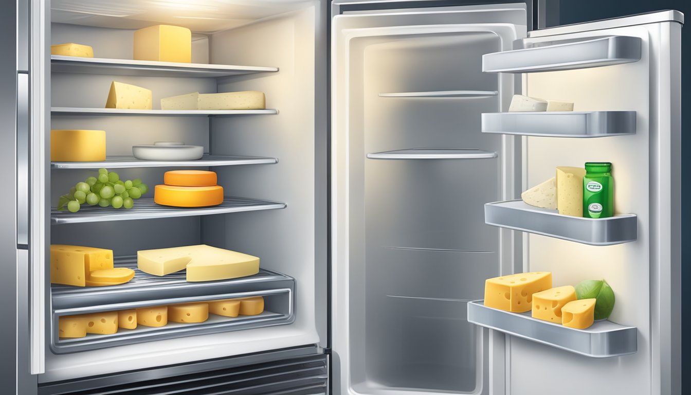 A refrigerator shelf with a sealed container of cheese, surrounded by a clean and organized environment, with a temperature gauge nearby