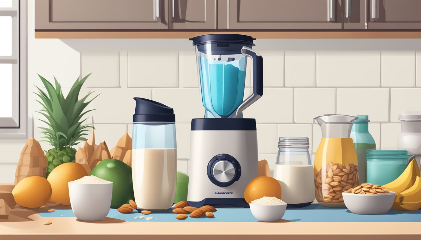 A blender sits on a kitchen counter surrounded by various non-dairy milk ingredients such as almonds, oats, and coconut. A measuring cup and a few empty glass bottles are nearby