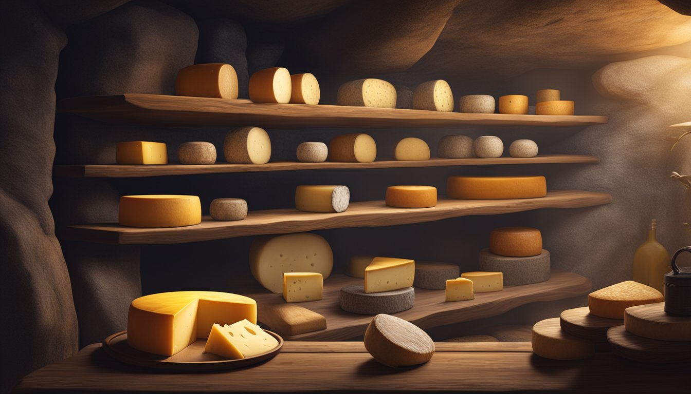 A cheese wheel sits on a wooden shelf in a cool, dimly lit cave. The air is humid and the shelves are stacked with aging cheeses. A small stream of water trickles through the cave, maintaining the perfect conditions for cheese storage