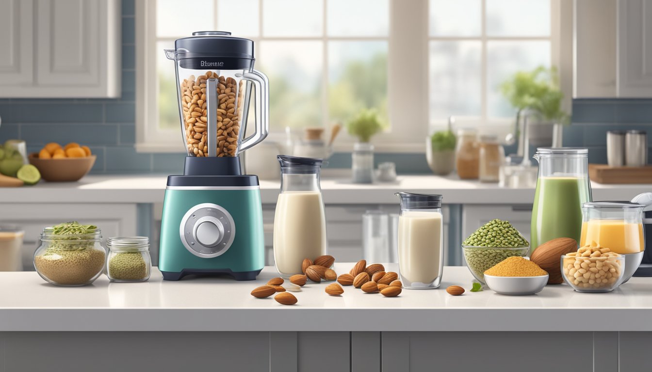 A blender filled with various non-dairy milk ingredients, such as nuts, seeds, and water, sits on a kitchen counter. Ingredients are neatly arranged nearby