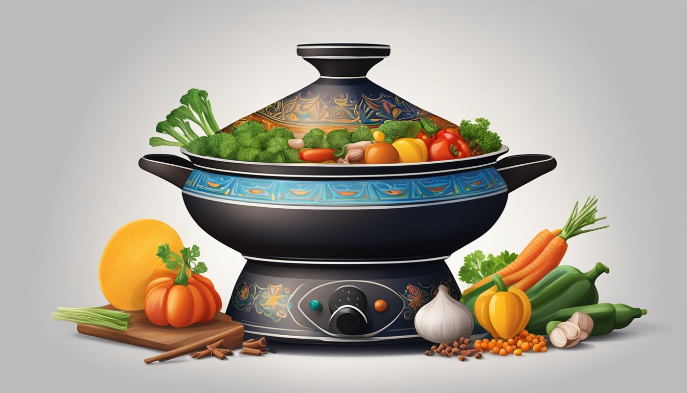 A tagine pot sits on a stovetop, filled with colorful ingredients like vegetables, spices, and meat, emitting a fragrant steam