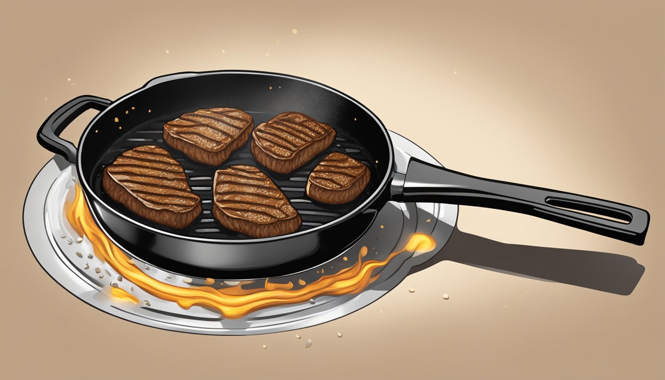 A sizzling steak cooking in a hot, greased skillet on a stovetop, with a golden-brown crust forming on the outside