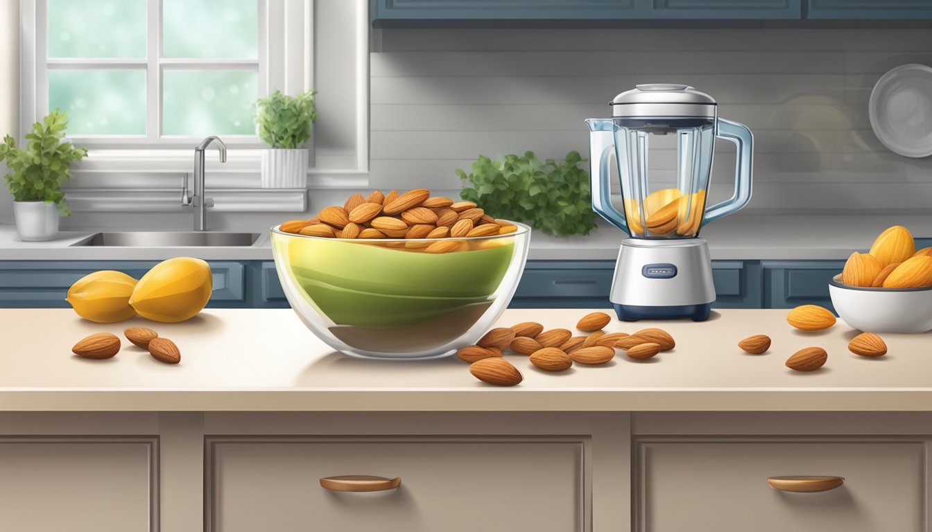 A kitchen counter with a blender, almonds, and a bowl of water