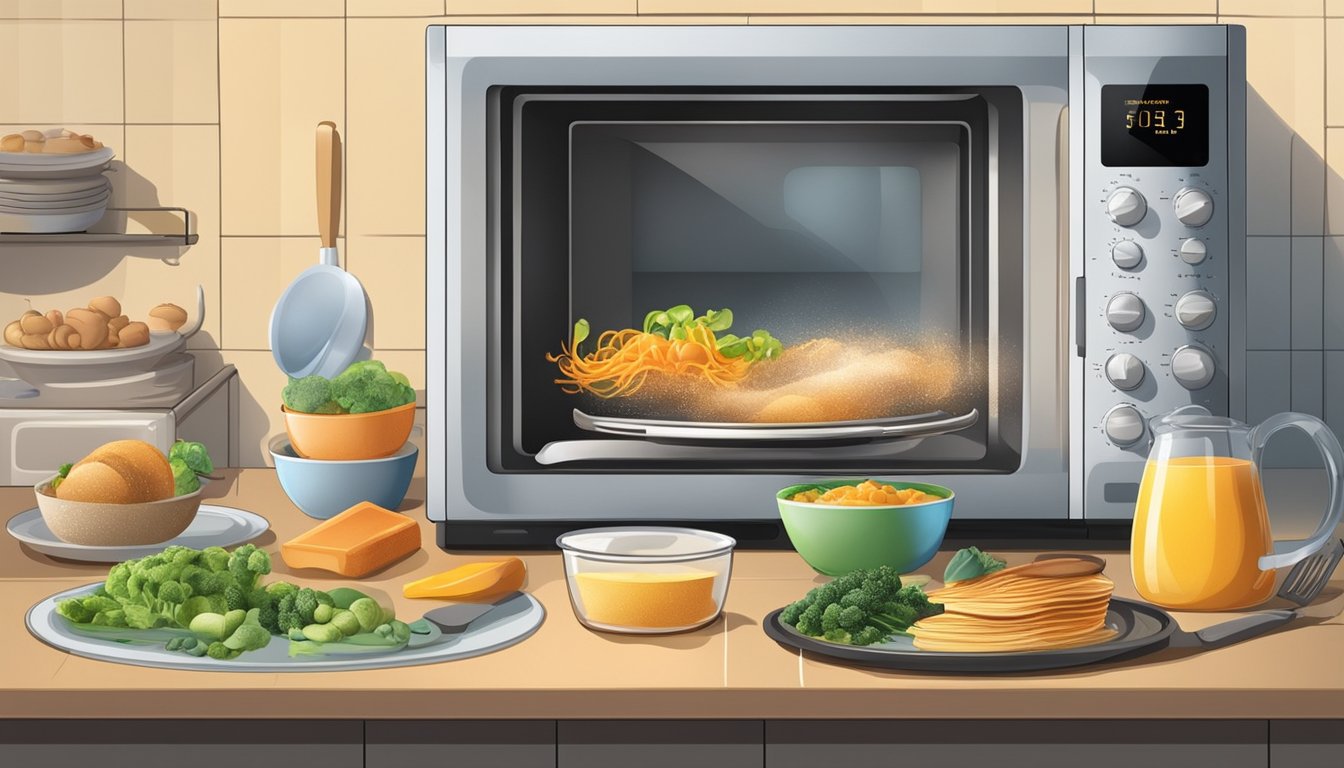 A microwave emitting waves, surrounded by various food items and kitchen utensils