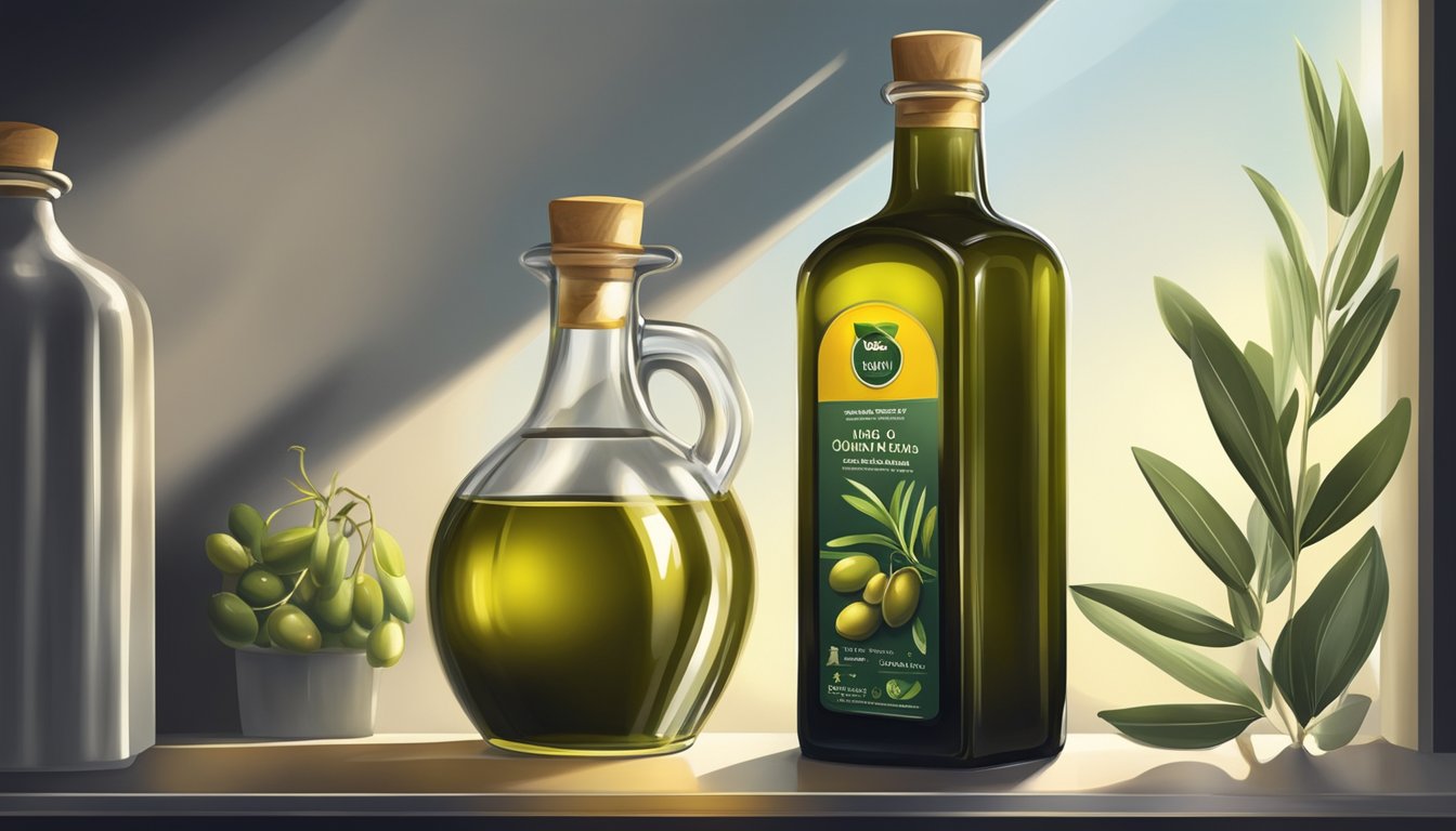 A glass bottle of olive oil sits on a shelf in a cool, dark pantry, away from direct sunlight and heat sources