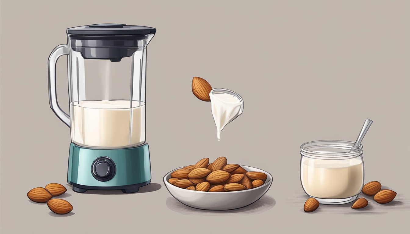 A kitchen counter with a blender, bowl of soaked almonds, and a nut milk bag. Almond milk being poured into a glass jar