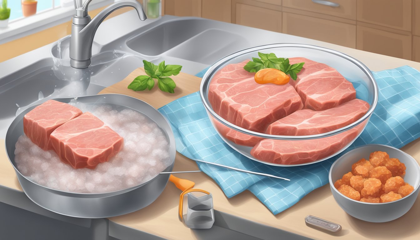 A kitchen counter with a package of frozen meat thawing in a bowl of cold water, with a thermometer nearby