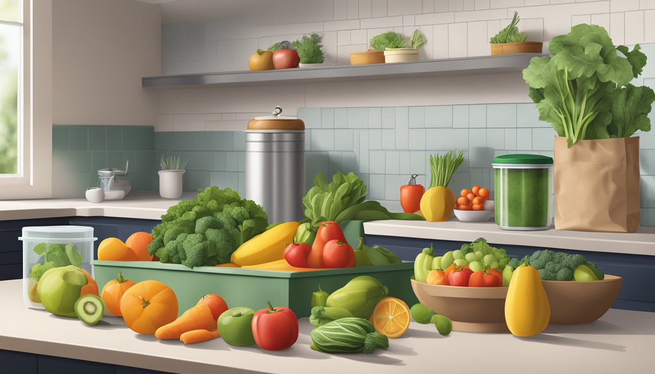 A kitchen counter with a variety of fresh fruits and vegetables in reusable containers, surrounded by reusable produce bags and a compost bin